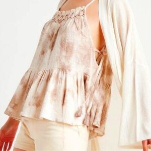 Aerie Babydoll Tie Dye Tank Top Womens Medium Beige Crochet Lace Boho Tassel‎